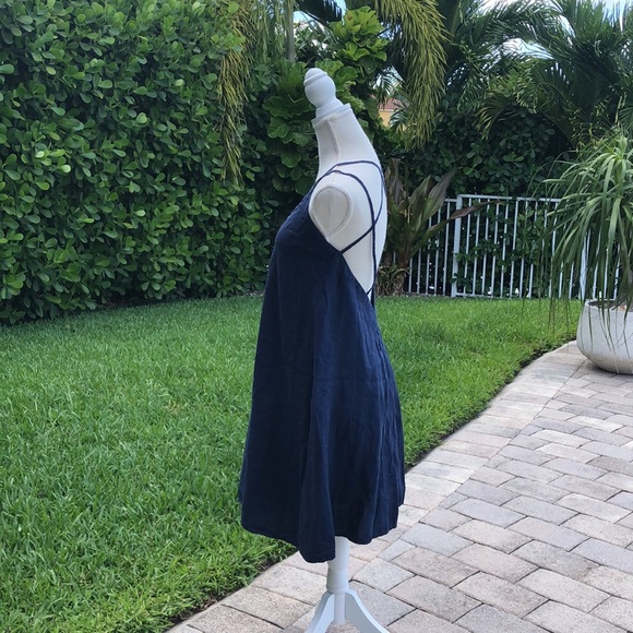 CLAUDIO MILANO NAVY BLUE LOW BACK CRISSCROSS STRAPS ITALIAN LINEN DRESS MEDIUM - Picture 6 of 14